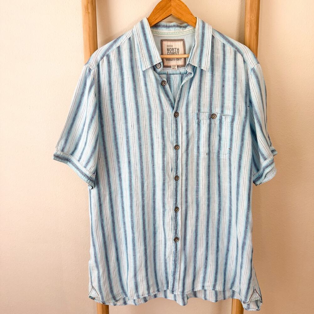 North Coast Marks & Spencer Linen Striped Button Shirt Men’s XL Blue